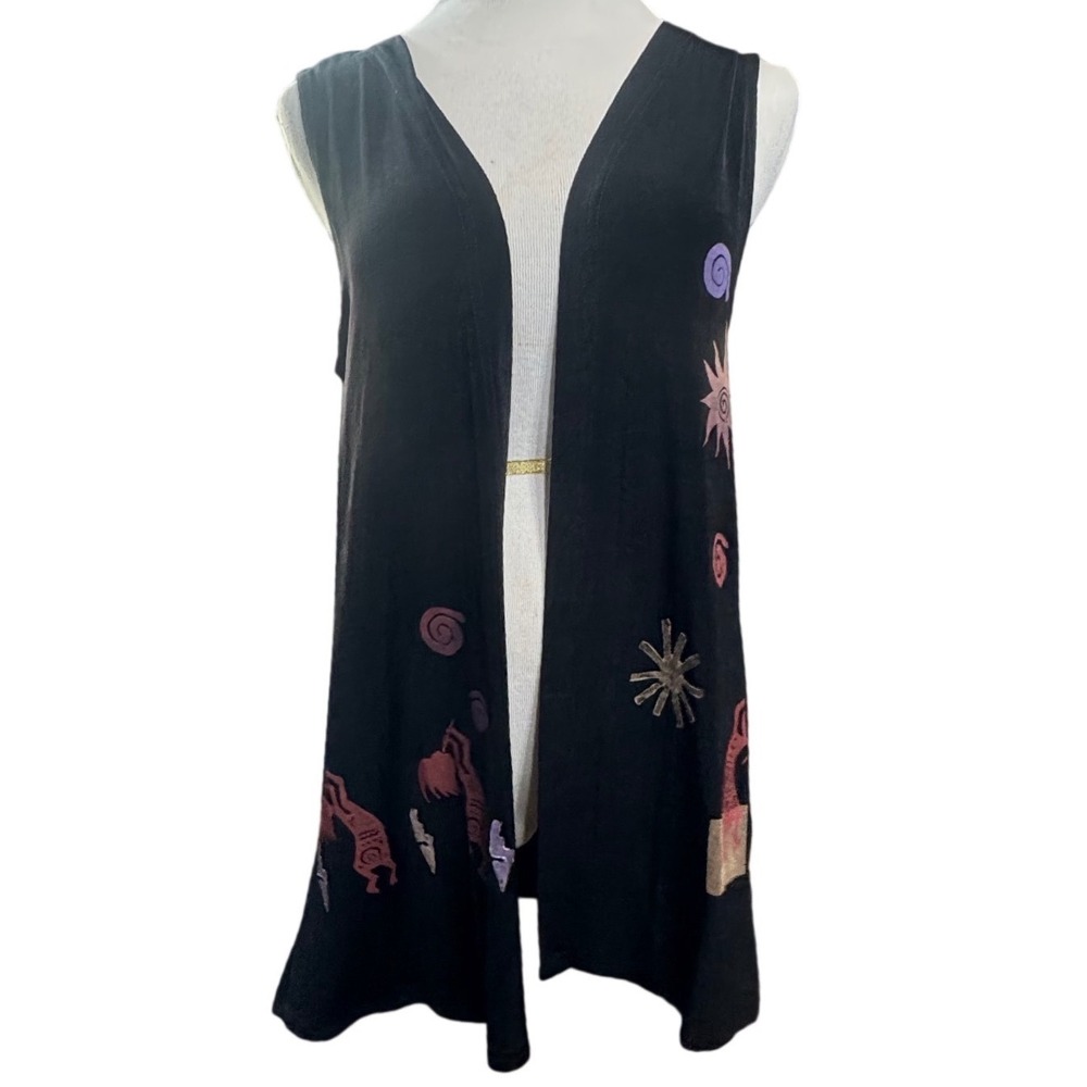 VTG Tanuja Dior Vest Womens Small Kokopelli Southwest Graphic Black Made in USA